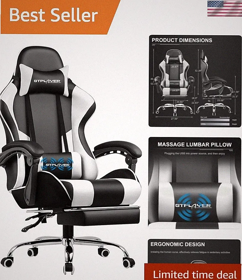 Gaming Chair Office Chair with Footrest Lumbar Support 360 Swivel Adjustable...