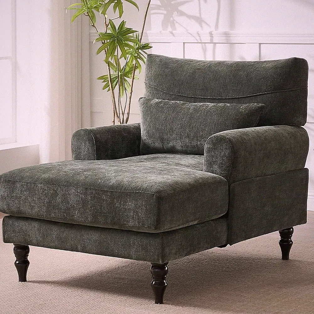 Modern Green Chaise Lounge Chair with Deep Cushion for Living Room & Bedroom
