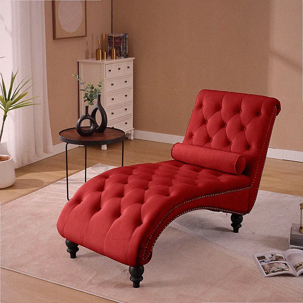 Red Velvet Chaise Lounge Chair with Acrylic Legs and Toss Pillow