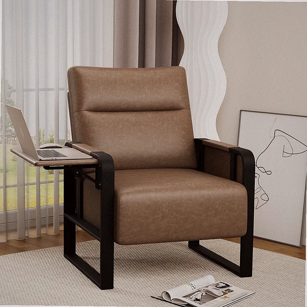 Upholstered Living Room Chair Armchair, Mid Century Faux Leather Metal Accent...