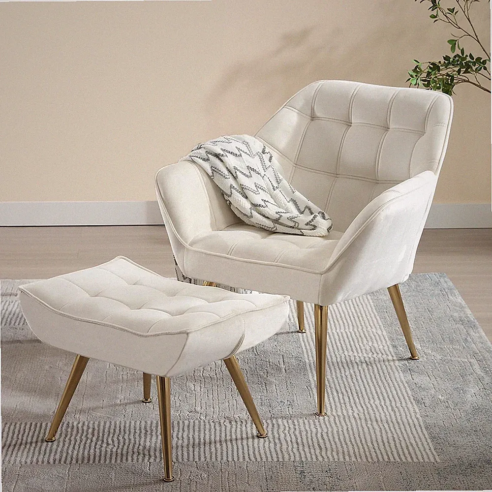 Velvet Accent Chair with Ottoman - Modern Lounge Chair for Small Spaces, Off Whi